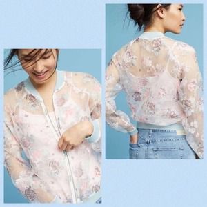 Anthropologie Maeve Sheer Floral Embroidered Zip Up Bomber Jacket L